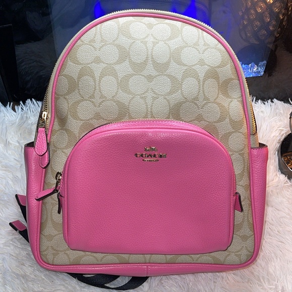 🩷COACH Court Backpack in Signature Canvas in Light Khaki/Petunia - Picture 1 of 14